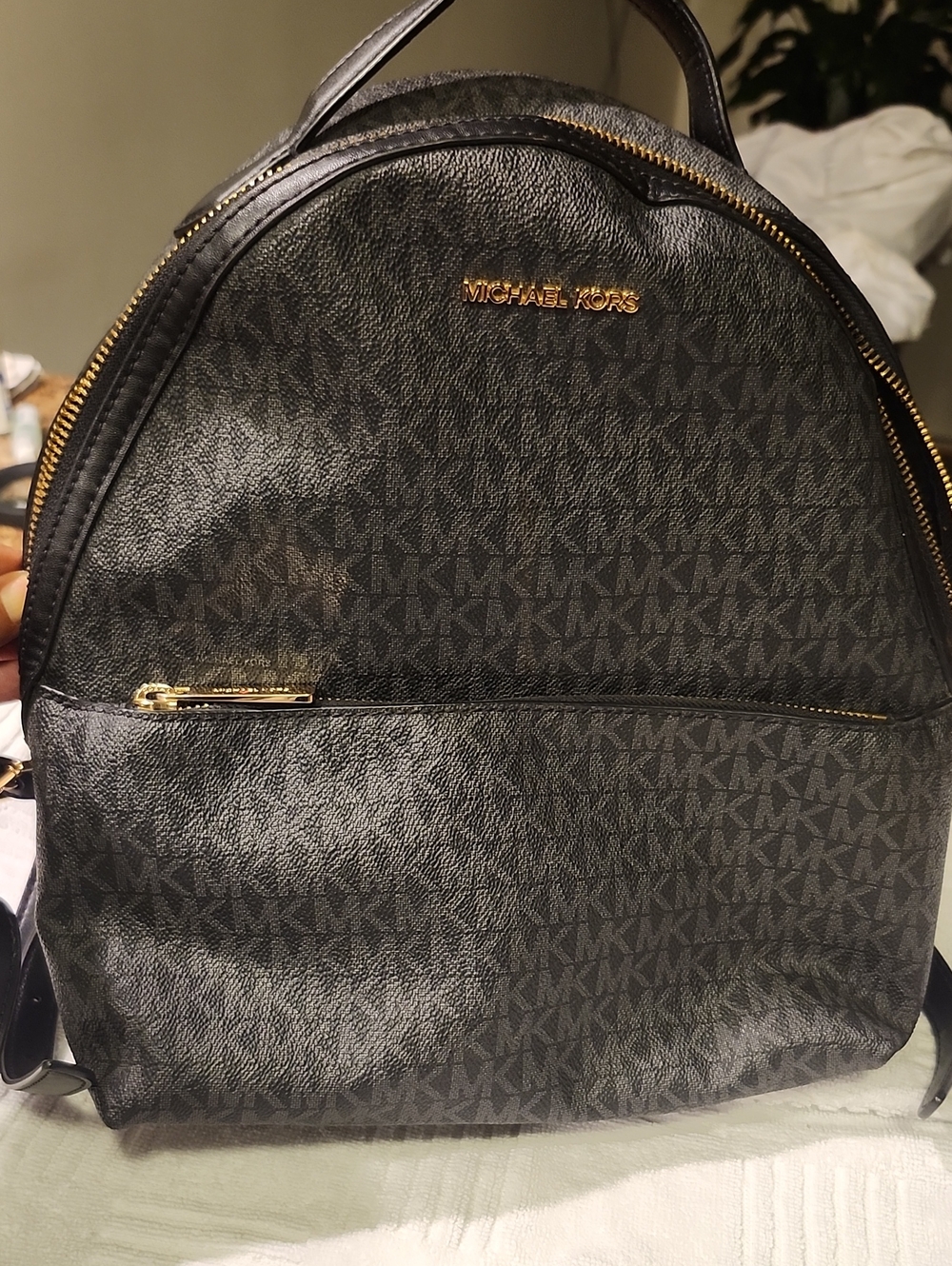 Michael Kors Black MK Monogram Backpack with Gold Hardware